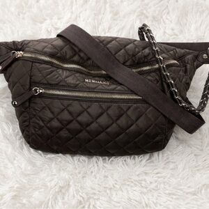 MZ Wallace Black Quilted Crossbody Belt Bag Grey with Gold Hardware